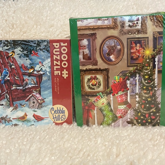 NEW!Adirondack Birds and Christmas Oversized Party 1000 Piece Puzzles Set of Two